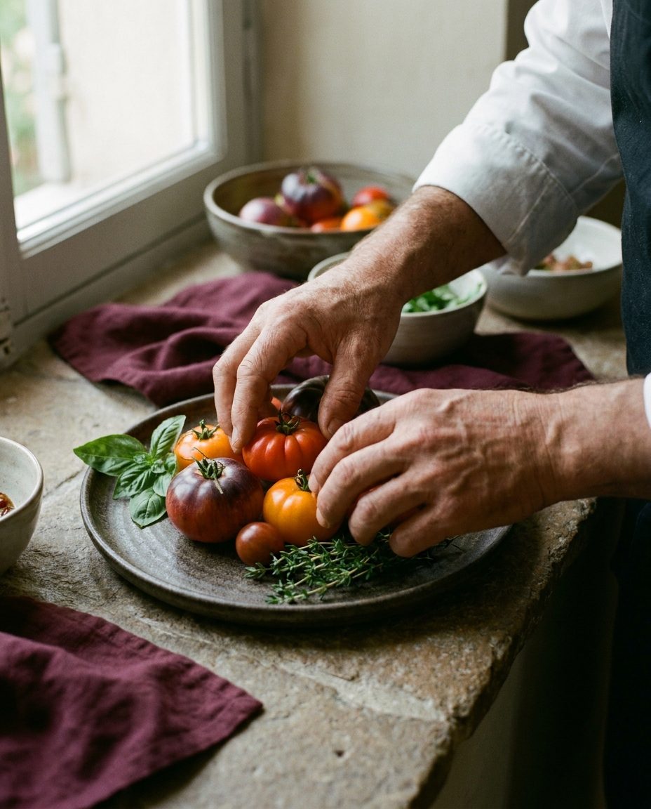 A chef's hands arranging heritage tomatoes on a ceramic plate