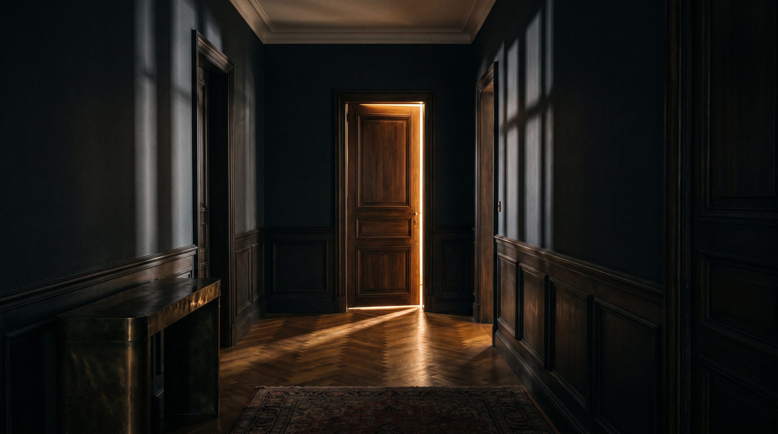 A dark residential hallway with warm light through a door left ajar