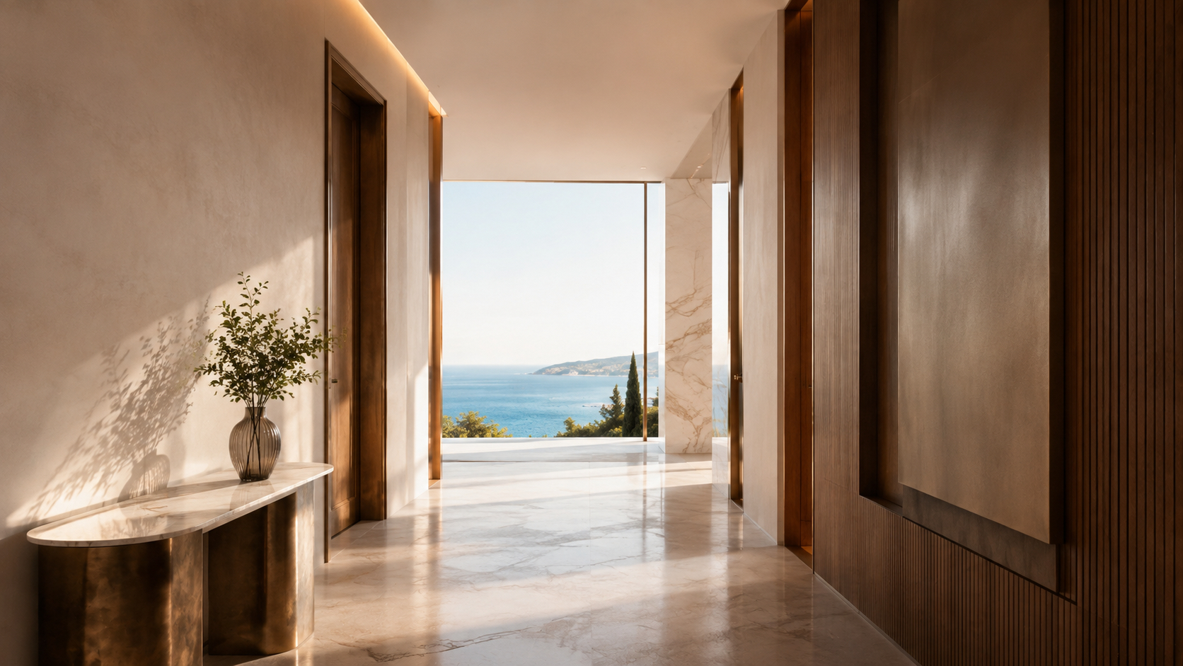A quiet marble hallway in a coastal residence, closed doors along one side and the sea beyond