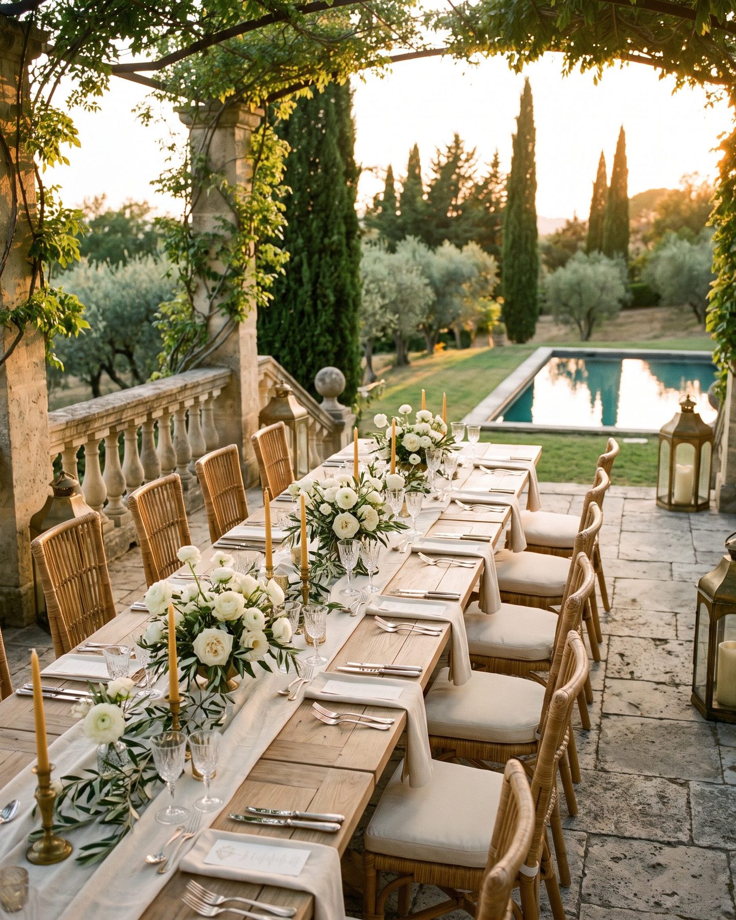 A long table laid under a stone pergola on an estate terrace, olive groves and a pool beyond