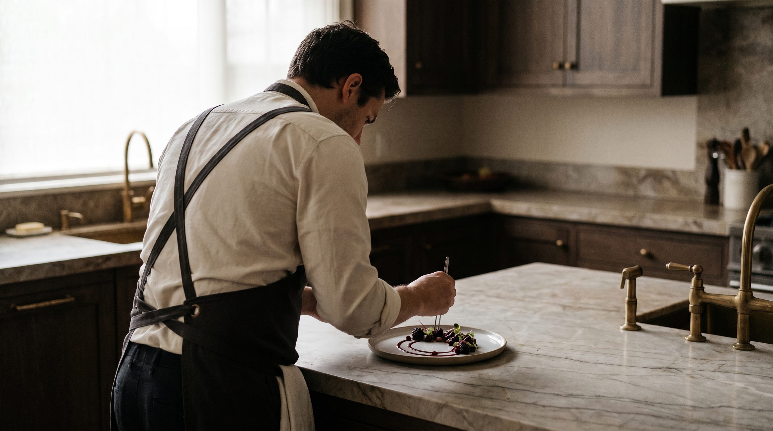 A private chef plating a dish in the kitchen of an elegant residence